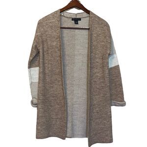 Joan Vass Long Color Block Cardigan Sweater Open Front Taupe Ivory Small